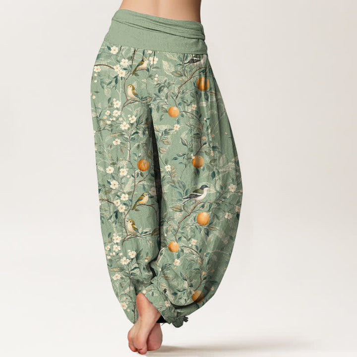 Buddha Stones Pantaloni harem da donna in cotone con motivo uccelli e fiori d'arancio e vita elasticizzata - image 9