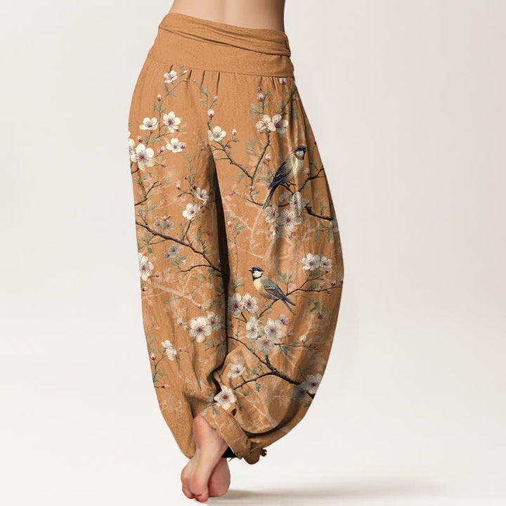 Buddha Stones Pantaloni harem da donna in cotone con motivo a rami fioriti e uccelli, con elastico in vita. - image 6