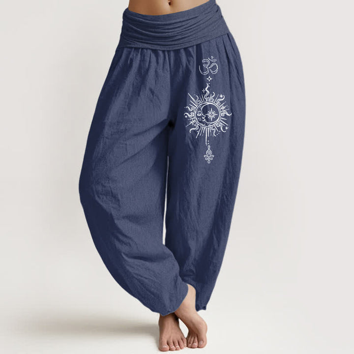 Buddha Stones Pantaloni harem da donna in puro cotone bianco con motivo mandala Om e sole, con elastico in vita. - Blu ardesia scuro - US16, UK/AU20, EU48 (3XL) - image 8