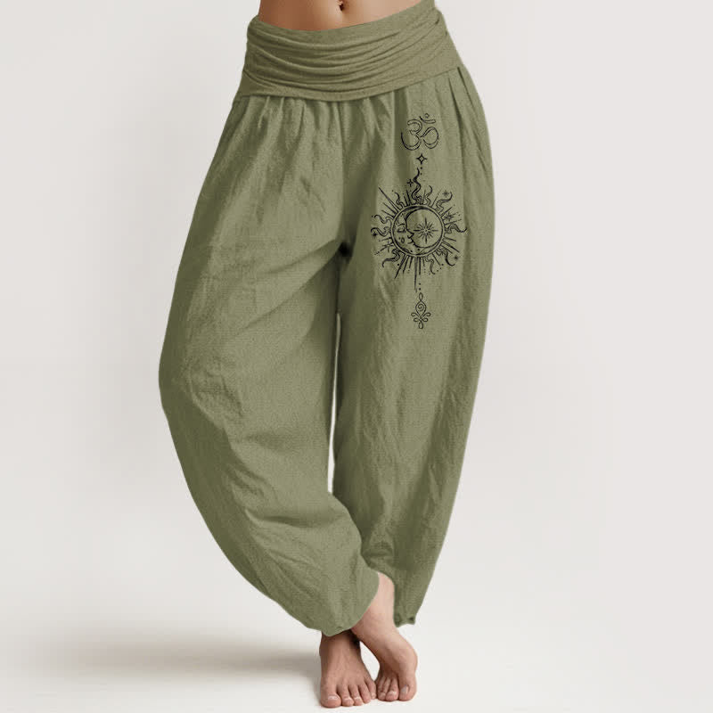 Buddha Stones Pantaloni harem da donna in puro cotone bianco con motivo mandala Om e sole, con elastico in vita. - Verde oliva - US16, UK/AU20, EU48 (3XL) - image 11