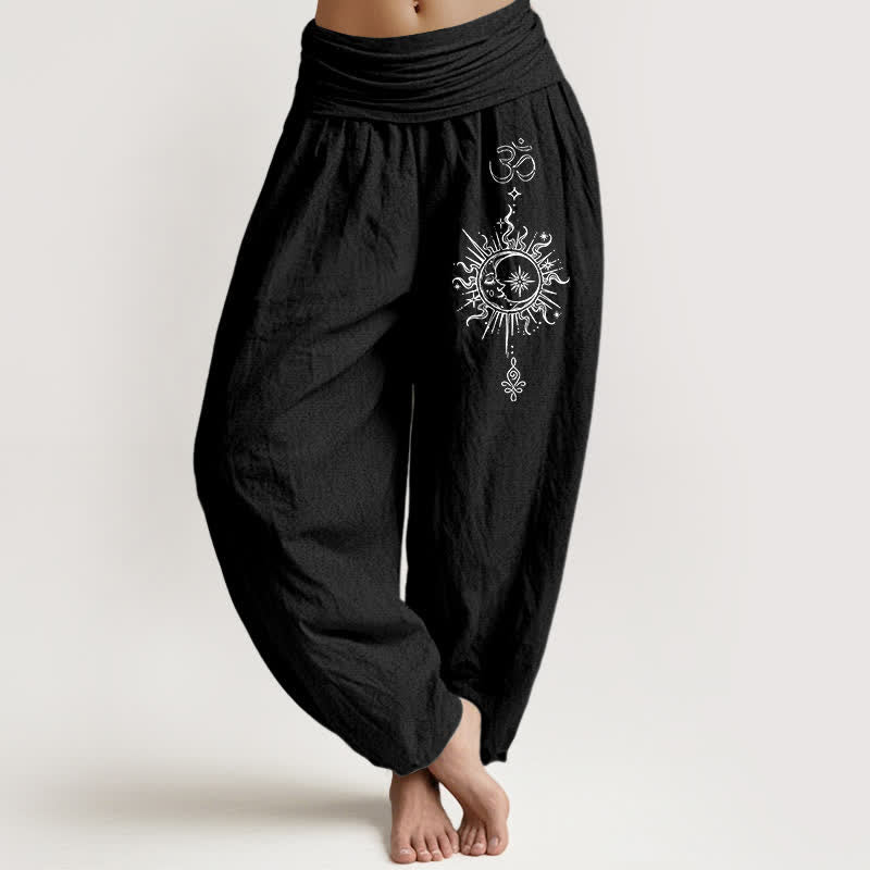 Buddha Stones Pantaloni harem da donna in puro cotone bianco con motivo mandala Om e sole, con elastico in vita. - Nero - US16, UK/AU20, EU48 (3XL) - image 5