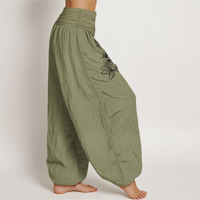 Buddha Stones Pantaloni harem da donna in puro cotone con motivo loto, luna e sole, con elastico in vita. - image 12