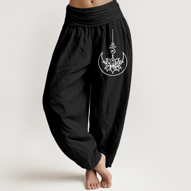 Buddha Stones Pantaloni harem da donna in puro cotone con motivo a loto sacro e luna, con elastico in vita. - Nero - US16, UK/AU20, EU48 (3XL) - image 5