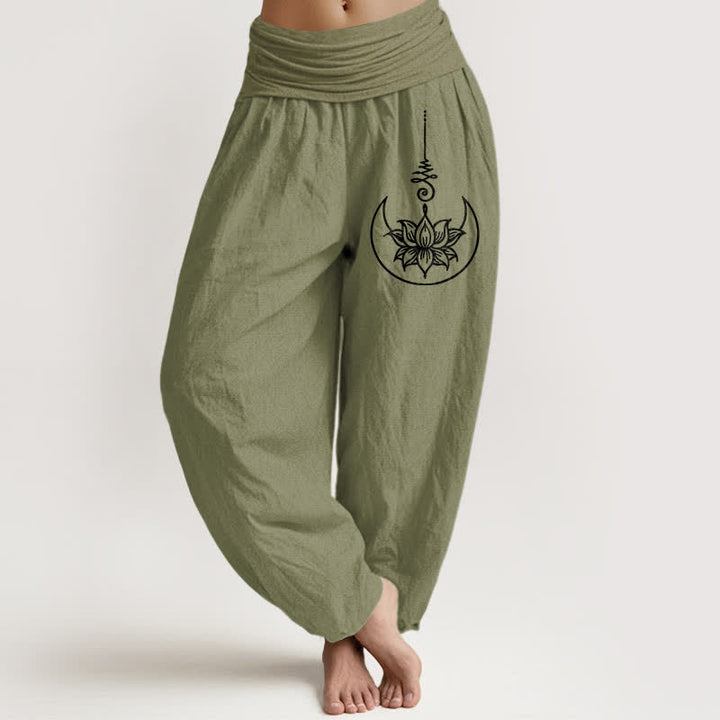 Buddha Stones Pantaloni harem da donna in puro cotone con motivo a loto sacro e luna, con elastico in vita. - Verde oliva - US16, UK/AU20, EU48 (3XL) - image 11