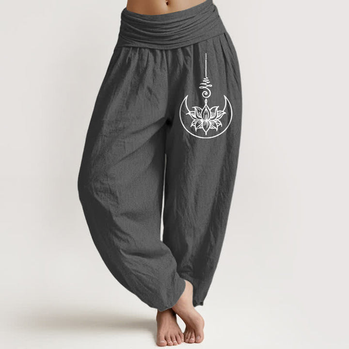 Buddha Stones Pantaloni harem da donna in puro cotone con motivo a loto sacro e luna, con elastico in vita. - Grigio tenue - US16, UK/AU20, EU48 (3XL) - image 8
