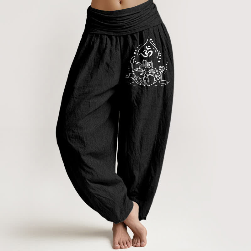 Buddha Stones Pantaloni harem da donna in puro cotone con motivo mandala zen e vita elasticizzata. - Nero - US16, UK/AU20, EU48 (3XL) - image 0
