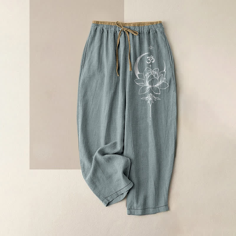 Buddha Stones Pantaloni da donna in puro cotone con elastico in vita e tasche, fantasia loto, luna e Om. - Cadetto Blu - US16, UK/AU20, EU48 (3XL) - image 5