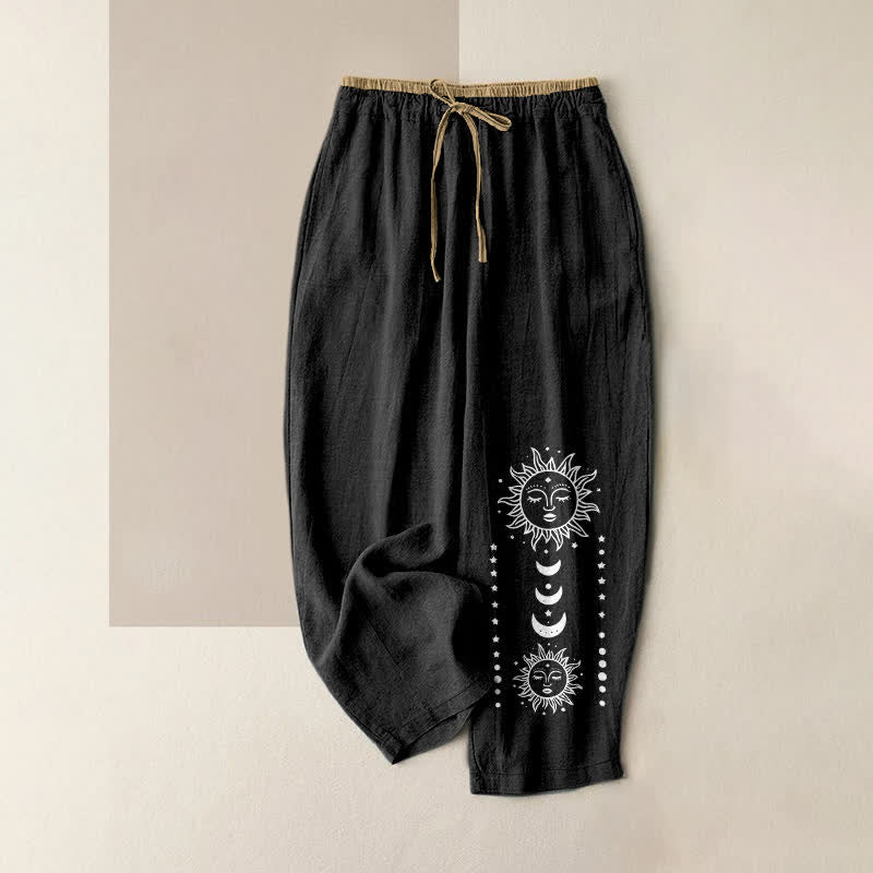 Buddha Stones Pantaloni da donna in puro cotone con elastico in vita e tasche, fantasia "Mystic Sun Face". - Nero - US16, UK/AU20, EU48 (3XL) - image 0