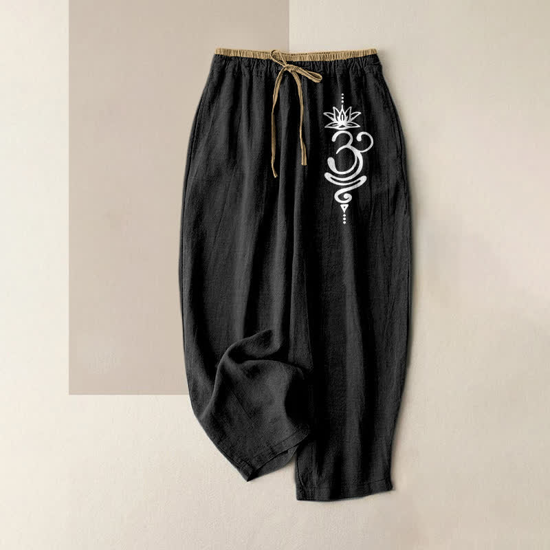 Buddha Stones Pantaloni da donna in puro cotone con elastico in vita e tasche, con motivo spirituale Om Lotus e scritta "Spiritual Om". - Nero - US16, UK/AU20, EU48 (3XL) - image 0