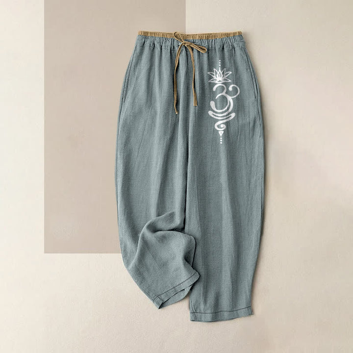 Buddha Stones Pantaloni da donna in puro cotone con elastico in vita e tasche, con motivo spirituale Om Lotus e scritta "Spiritual Om". - Azzurro chiaro - US16, UK/AU20, EU48 (3XL) - image 5