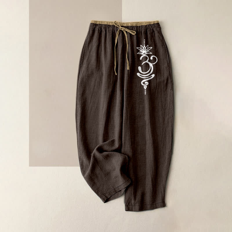Buddha Stones Pantaloni da donna in puro cotone con elastico in vita e tasche, con motivo spirituale Om Lotus e scritta "Spiritual Om". - Marrone sella - US16, UK/AU20, EU48 (3XL) - image 4