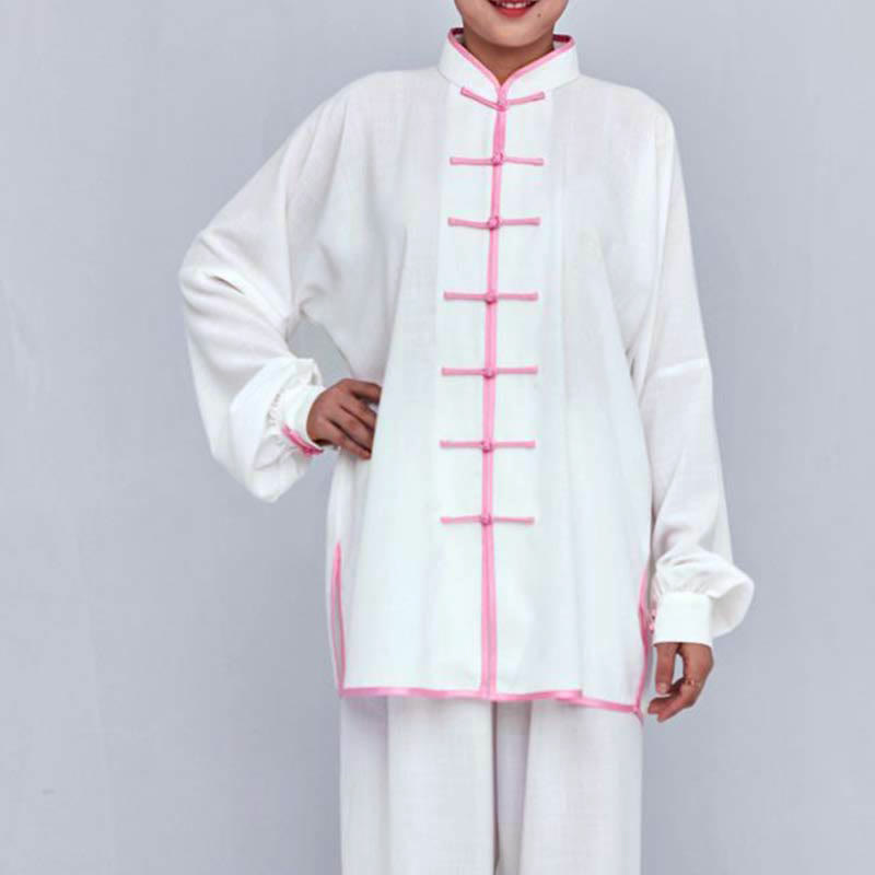 Buddha Stones Meditazione Zen Preghiera Spirituale Tai Chi Qigong Pratica Unisex Ricamo Abbigliamento Set - Maglia a maniche lunghe bianca con bordo rosa - US12, UK/AU16, EU44 (2XL) - image 10