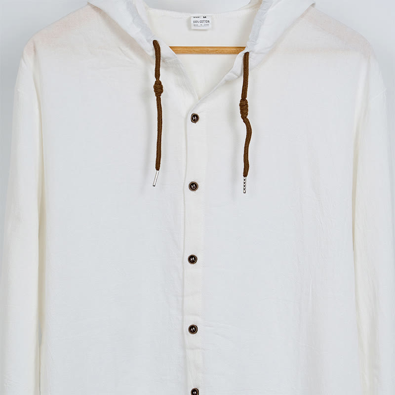 Camicia da uomo a maniche lunghe con cappuccio, coulisse e bottoni, tinta unita, con stampa Buddha Stones. - image 6
