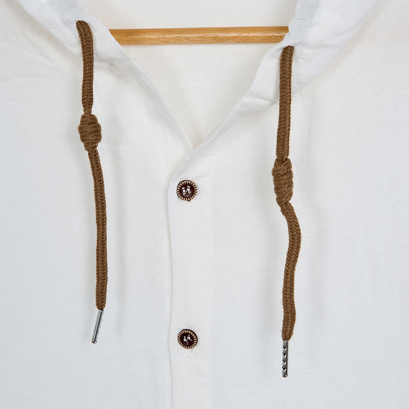 Camicia da uomo a maniche lunghe con cappuccio, coulisse e bottoni, tinta unita, con stampa Buddha Stones. - image 7