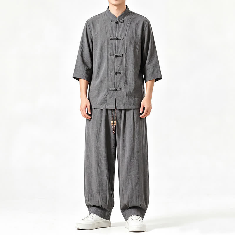 Buddha Stones Camicia da uomo a maniche a tre quarti, tinta unita, stile Tang, con bottoni a rana, per la meditazione primavera/estate, con tasca. - image 1