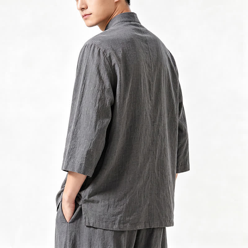 Buddha Stones Camicia da uomo a maniche a tre quarti, tinta unita, stile Tang, con bottoni a rana, per la meditazione primavera/estate, con tasca. - image 6