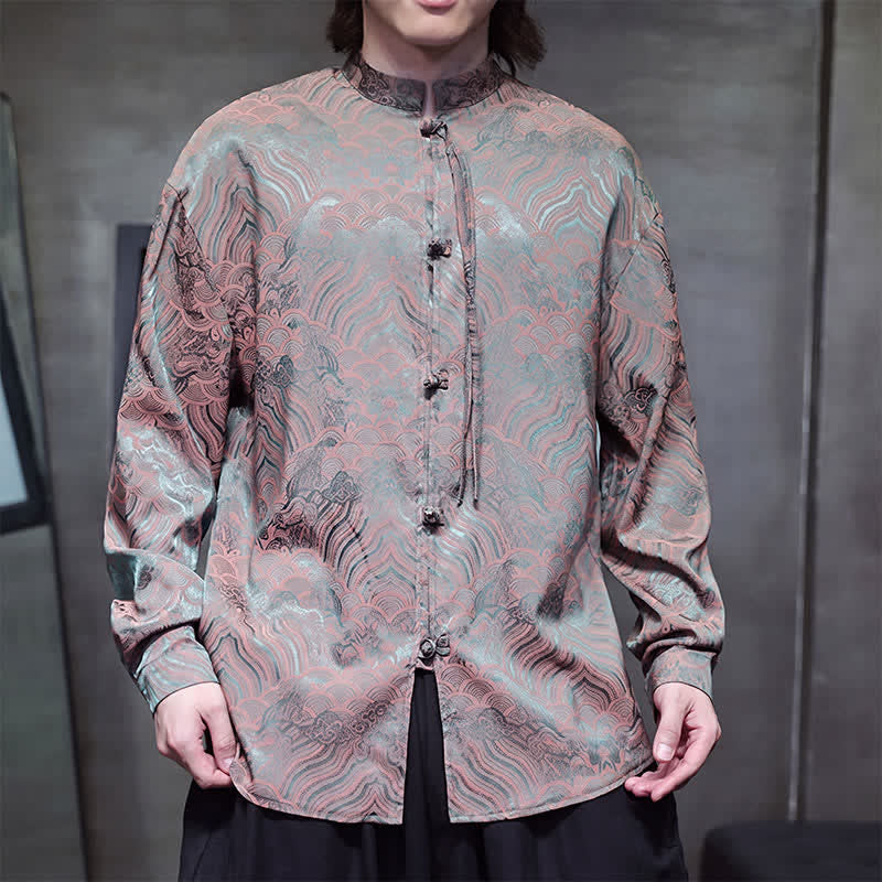 Buddha Stones Camicia da uomo a maniche lunghe con colletto alla coreana e motivo astratto a onde, stile vintage Tang, per l'autunno. - image 1
