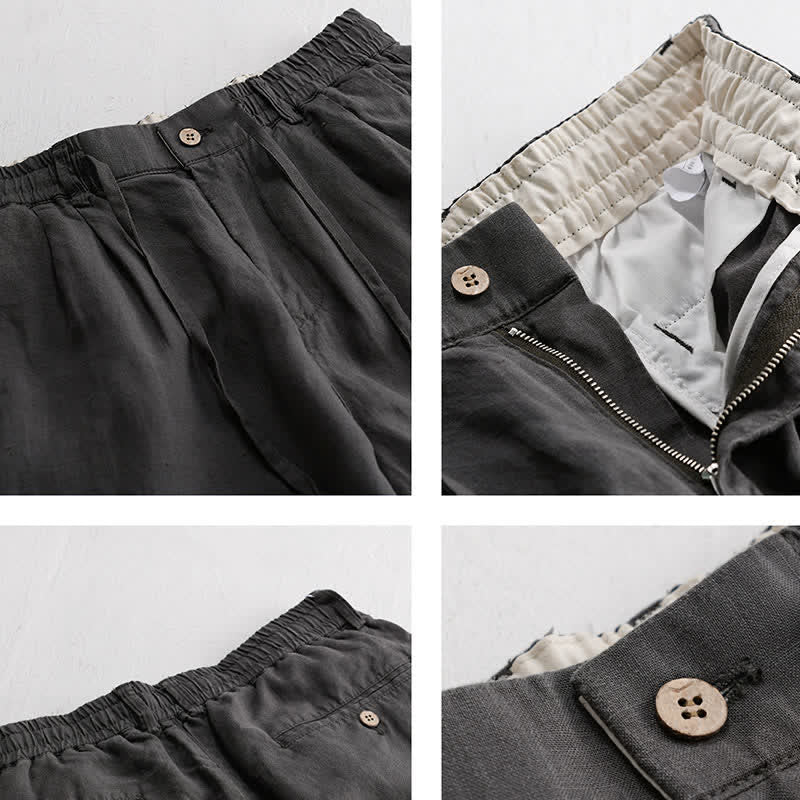 Buddha Stones Pantaloni lunghi da uomo in lino tinta unita, modello a gamba dritta, con coulisse e cerniera, ideali per primavera/estate. Modello casual con tasche. - image 3