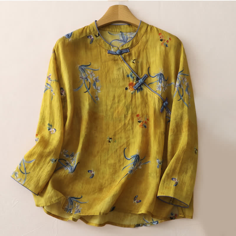 Buddha Stones Maglietta senza maniche da donna stile vintage Tang con bottoni a rana e stampa floreale e orchidee, ideale per l'estate. - Perù - Manica lunga - US12, UK/AU16, EU44 (2XL) - image 40