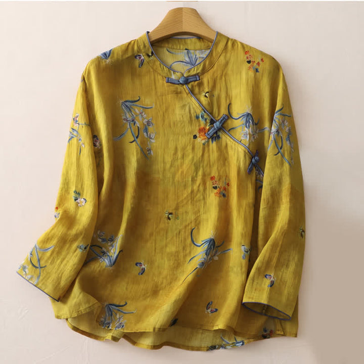 Buddha Stones Maglietta senza maniche da donna stile vintage Tang con bottoni a rana e stampa floreale e orchidee, ideale per l'estate. - Perù - Manica lunga - US12, UK/AU16, EU44 (2XL) - image 40