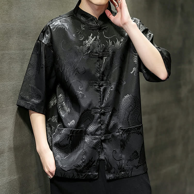 Buddha Stones Camicia da uomo a maniche corte con taschino, colletto alla coreana, bottoni a rana e motivo drago, stile estivo Tang. - image 10