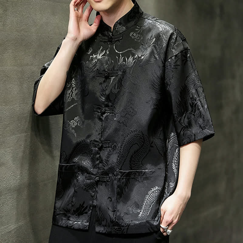 Buddha Stones Camicia da uomo a maniche corte con taschino, colletto alla coreana, bottoni a rana e motivo drago, stile estivo Tang. - image 11