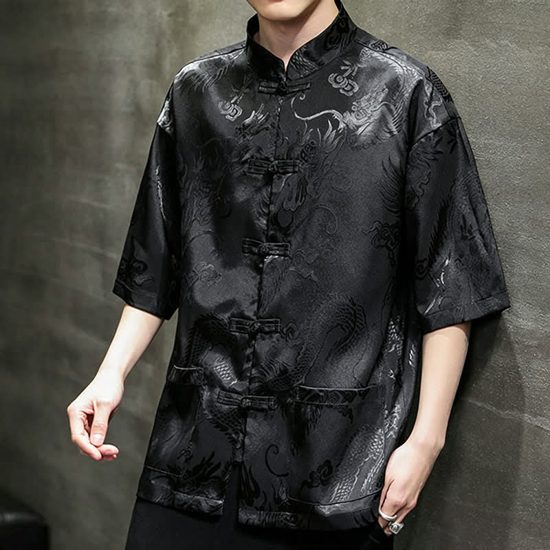 Buddha Stones Camicia da uomo a maniche corte con taschino, colletto alla coreana, bottoni a rana e motivo drago, stile estivo Tang. - Nero - US/UK/AU40, EU50 (2XL) - image 9