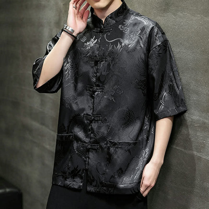 Buddha Stones Camicia da uomo a maniche corte con taschino, colletto alla coreana, bottoni a rana e motivo drago, stile estivo Tang. - image 12