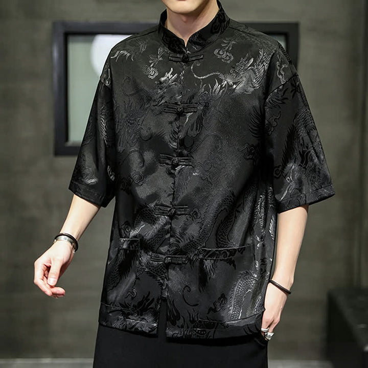 Buddha Stones Camicia da uomo a maniche corte con taschino, colletto alla coreana, bottoni a rana e motivo drago, stile estivo Tang. - image 14