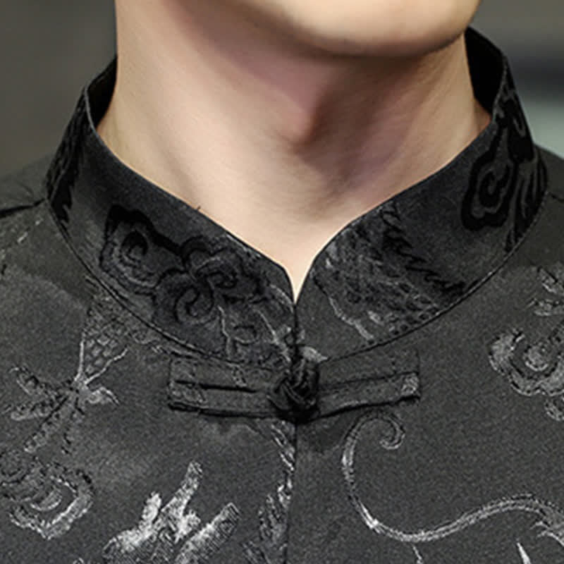 Buddha Stones Camicia da uomo a maniche corte con taschino, colletto alla coreana, bottoni a rana e motivo drago, stile estivo Tang. - image 15