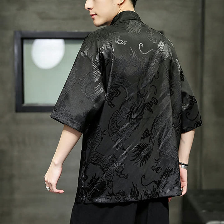 Buddha Stones Camicia da uomo a maniche corte con taschino, colletto alla coreana, bottoni a rana e motivo drago, stile estivo Tang. - image 13