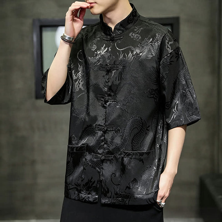 Buddha Stones Camicia da uomo a maniche corte con taschino, colletto alla coreana, bottoni a rana e motivo drago, stile estivo Tang. - image 18