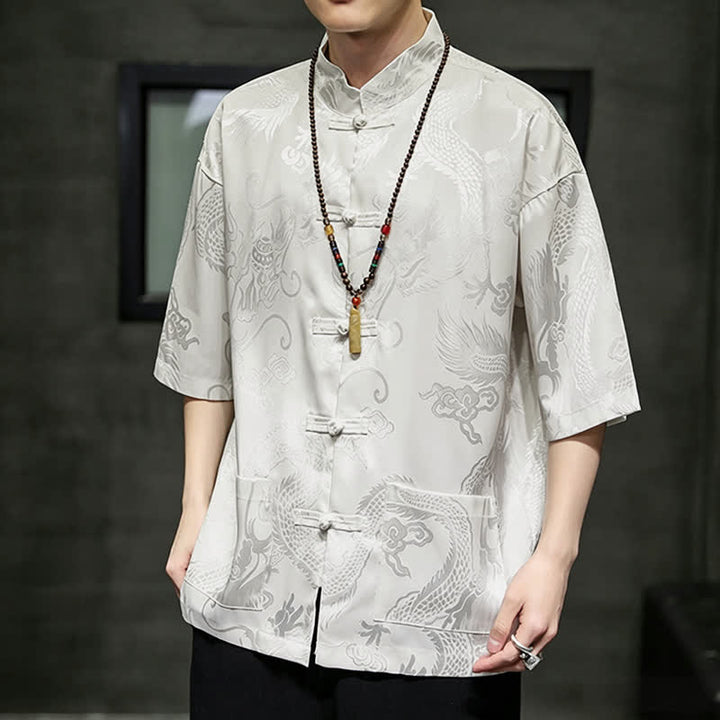 Buddha Stones Camicia da uomo a maniche corte con taschino, colletto alla coreana, bottoni a rana e motivo drago, stile estivo Tang. - image 6