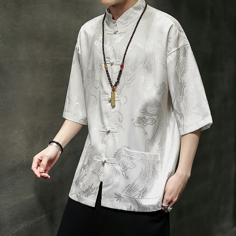 Buddha Stones Camicia da uomo a maniche corte con taschino, colletto alla coreana, bottoni a rana e motivo drago, stile estivo Tang. - image 8