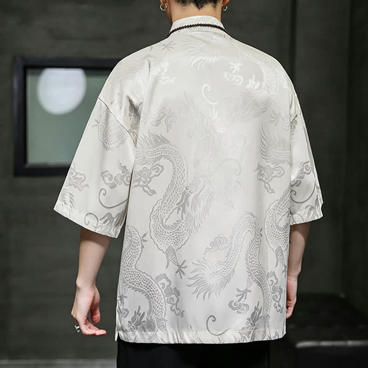 Buddha Stones Camicia da uomo a maniche corte con taschino, colletto alla coreana, bottoni a rana e motivo drago, stile estivo Tang. - image 4