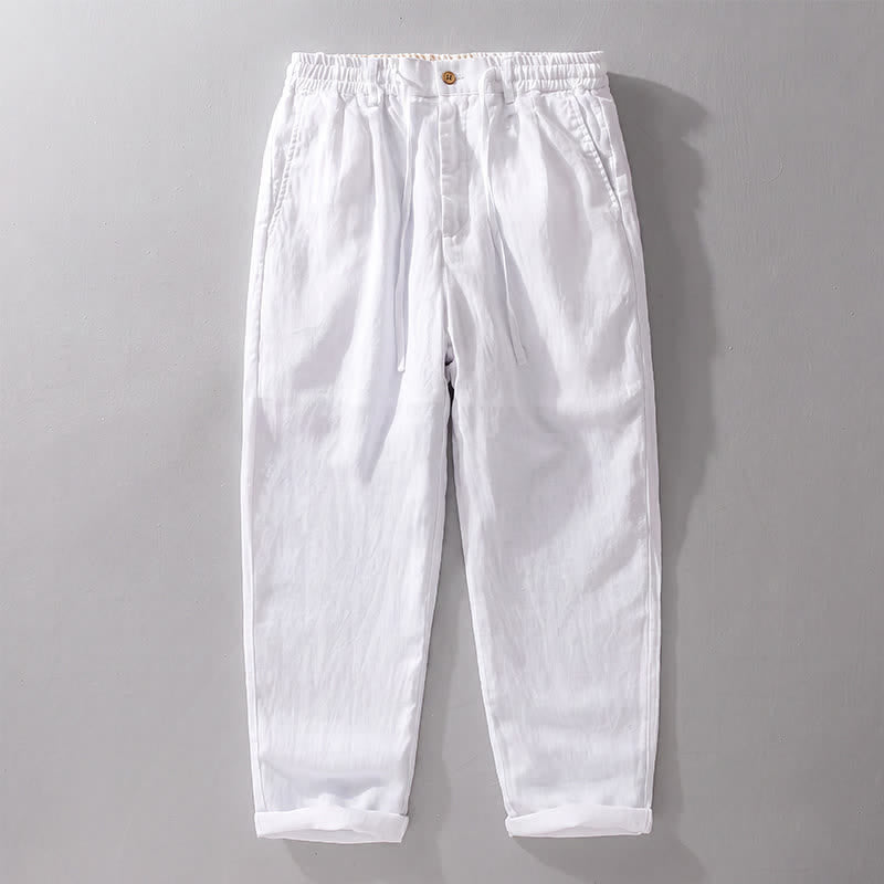 Buddha Stones Pantaloni lunghi da uomo in lino tinta unita, modello a gamba dritta, con coulisse e cerniera, ideali per primavera/estate. Modello casual con tasche. - Bianco - US/UK/AU42, EU52 (3XL) - image 15
