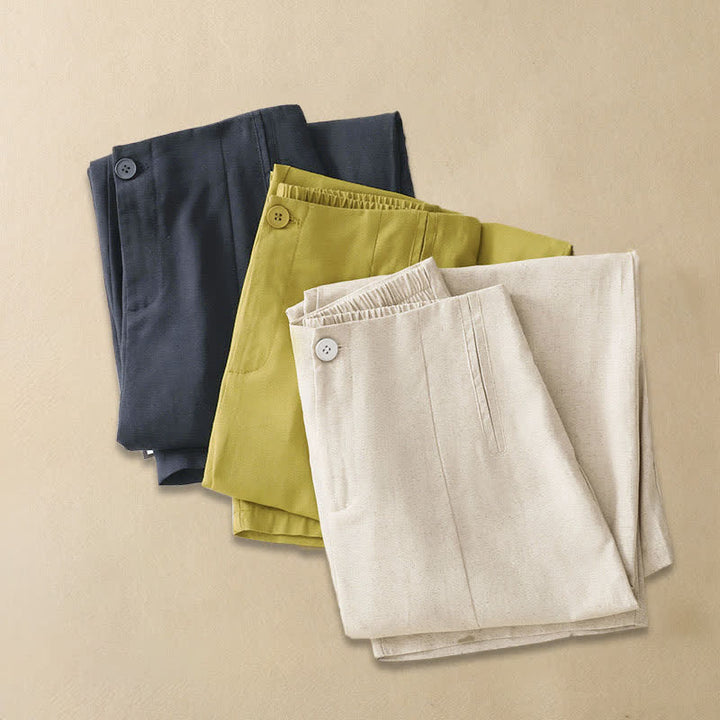 Buddha Stones Pantaloni harem da donna in lino tinta unita, a vita alta, con bottoni, stile estivo minimalista e tasche. - image 16