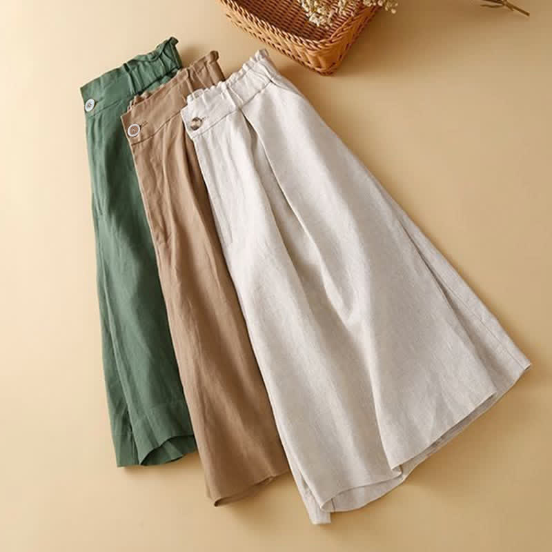 Pantaloncini da donna in lino di cotone con tasche, tinta unita, con cerniera e bottoni , Buddha Stones - image 1
