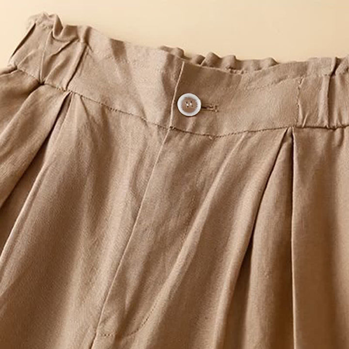 Pantaloncini da donna in lino di cotone con tasche, tinta unita, con cerniera e bottoni , Buddha Stones - image 3