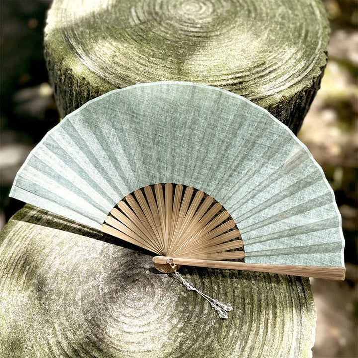Buddha Stones Ventaglio pieghevole in cotone, lino e bambù, tinta unita, stile rustico ed elegante, 22 cm. - Verde Menta Crema - Dimensioni da chiuso: circa 22 cm / 8,7 pollici - image 15