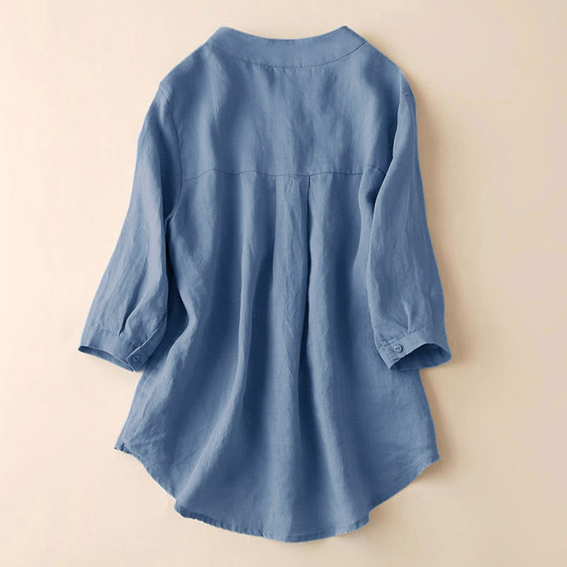 Camicia casual da donna in cotone e lino con scollo a V e maniche a tre quarti, motivo Buddha Stones - image 2