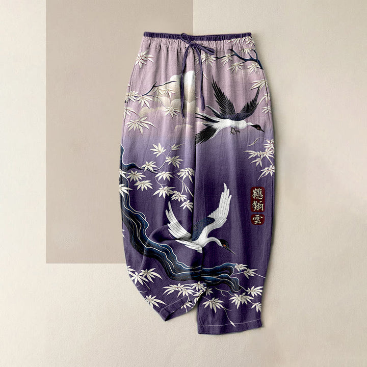 Buddha Stones Eleganti pantaloni da donna in puro cotone con motivo gru e bambù, vita elasticizzata e tasche. - Viola medio - US16, UK/AU20, EU48 (3XL) - image 2