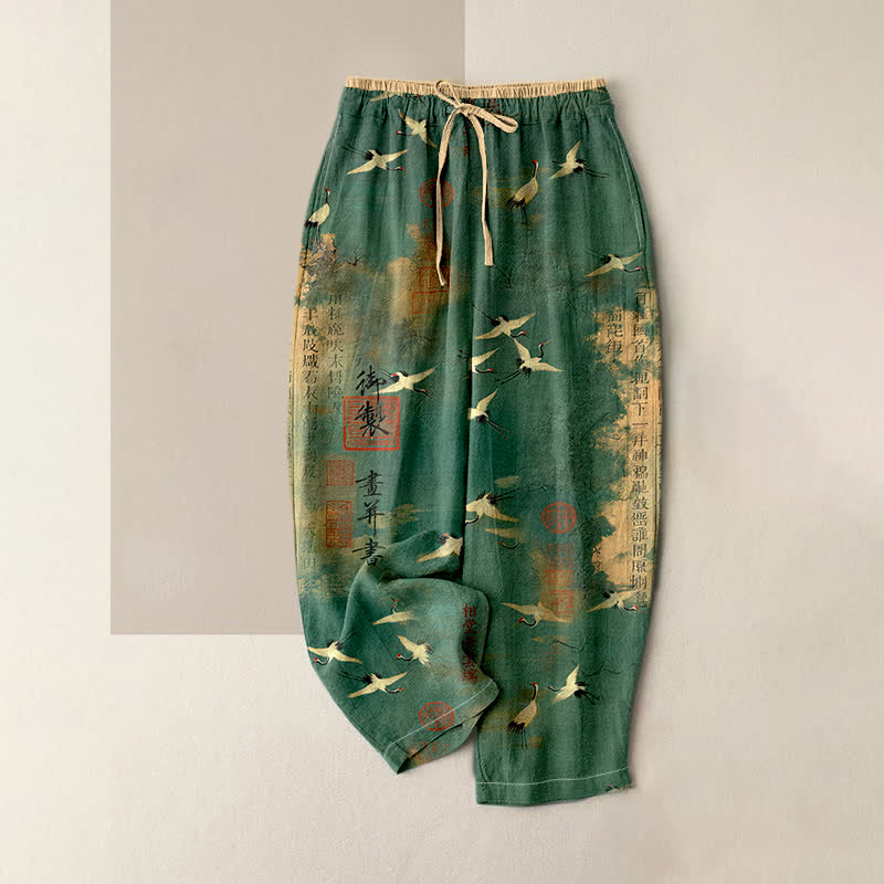 Buddha Stones Pantaloni da donna in puro cotone con elastico in vita e tasche, fantasia vintage con gru e calligrafia. - Verde mare - US16, UK/AU20, EU48 (3XL) - image 0