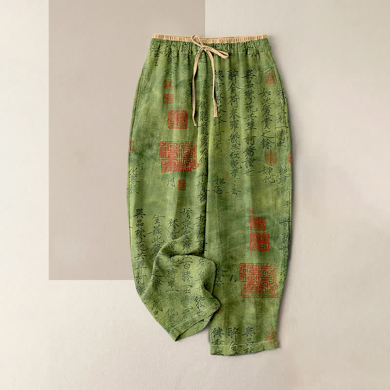 Buddha Stones Pantaloni da donna in puro cotone con elastico in vita e tasche, con motivo a sigillo e calligrafia vintage. - Verde lime - US16, UK/AU20, EU48 (3XL) - image 0