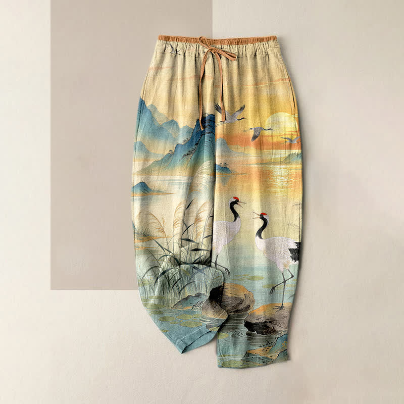 Buddha Stones Pantaloni da donna in puro cotone con elegante motivo paesaggistico a gru, elastico in vita e tasche. - Turchese scuro - US16, UK/AU20, EU48 (3XL) - image 0