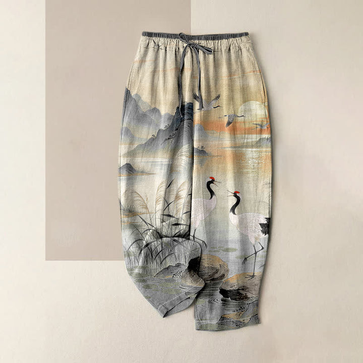 Buddha Stones Pantaloni da donna in puro cotone con elegante motivo paesaggistico a gru, elastico in vita e tasche. - Grigio scuro - US16, UK/AU20, EU48 (3XL) - image 3