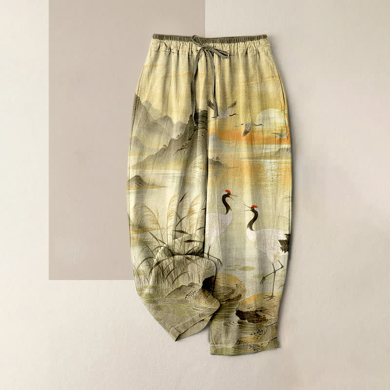 Buddha Stones Pantaloni da donna in puro cotone con elegante motivo paesaggistico a gru, elastico in vita e tasche. - Cachi scuro - US16, UK/AU20, EU48 (3XL) - image 4