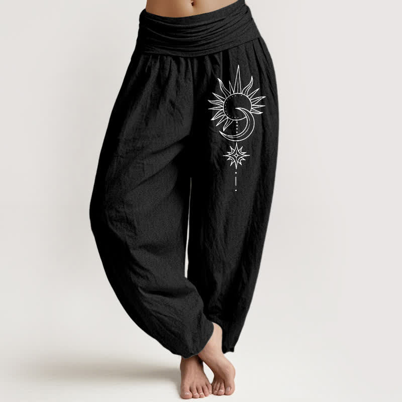 Buddha Stones Pantaloni harem da donna in puro cotone con motivo sole, luna e stelle, con elastico in vita. - Nero - US16, UK/AU20, EU48 (3XL) - image 5