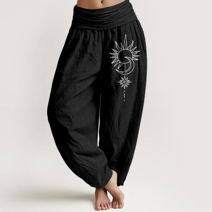 Buddha Stones Pantaloni harem da donna in puro cotone con motivo sole, luna e stelle, con elastico in vita. - Nero - US16, UK/AU20, EU48 (3XL) - image 5