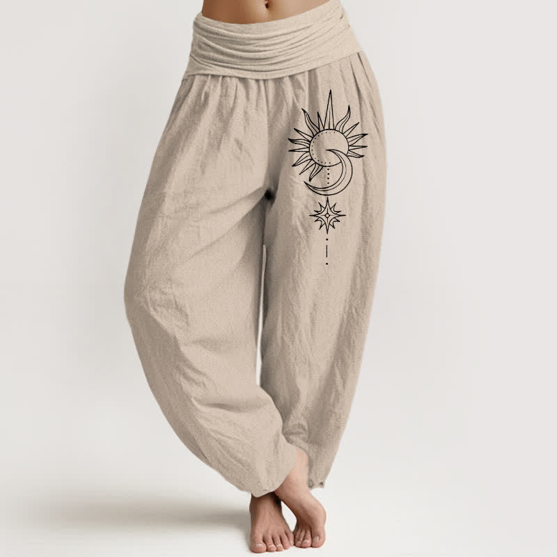Buddha Stones Pantaloni harem da donna in puro cotone con motivo sole, luna e stelle, con elastico in vita. - Tan - US16, UK/AU20, EU48 (3XL) - image 11
